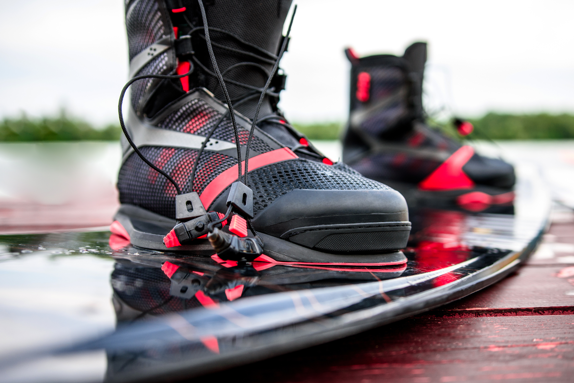 Equipment for wakeboarding. Board and shoes for water sports